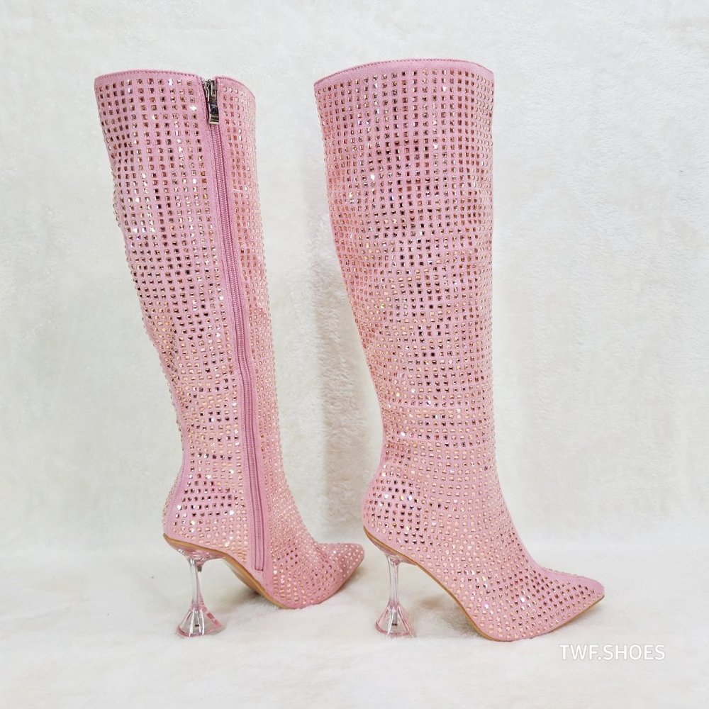 Glamour Shot Mirror Rhinestone Tinted 4" Pyramid Heel Knee High Boots Baby Pink
